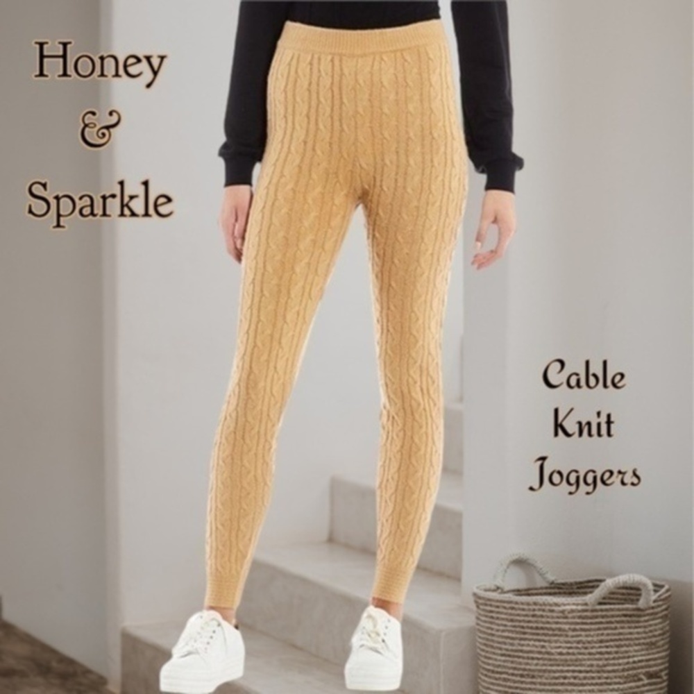 HONEY & SPARKLE High Rise Soft Cable Knit Fitted Rib Cuffed Jogger Pants-Camel